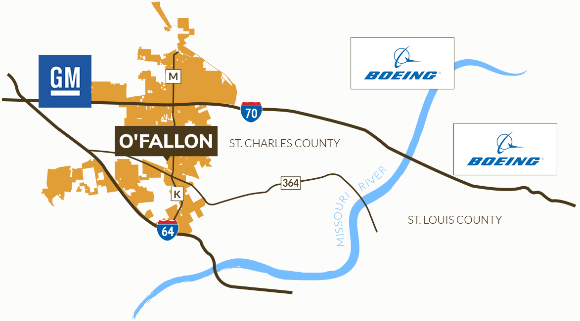 O'Fallon distance to GM & Boeing map